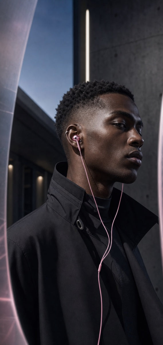 Person mit Silver-Wave Ohrhörern in Rosé